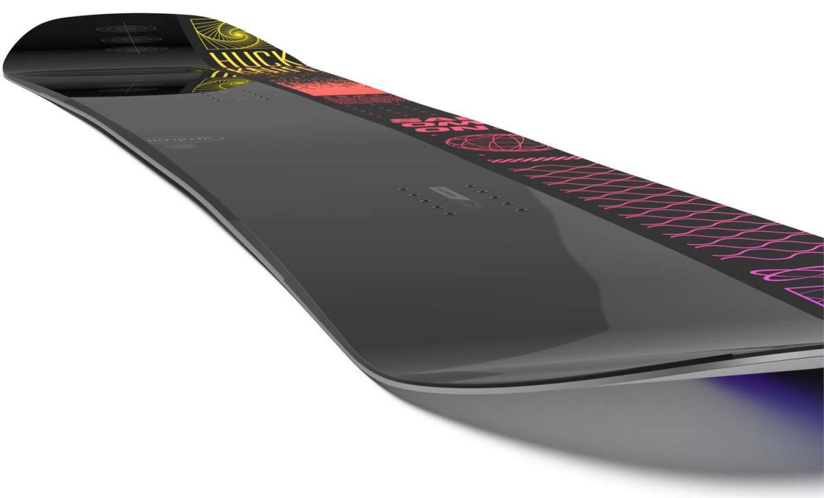 Salomon Huck Knife Pro Snowboard 2024 - Black snowboard with yellow and red graphics on top.
