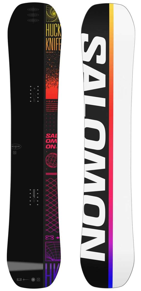 Salomon Huck Knife Pro Snowboard 2024 - A black snowboard with a yellow and red gradient design on top of it.