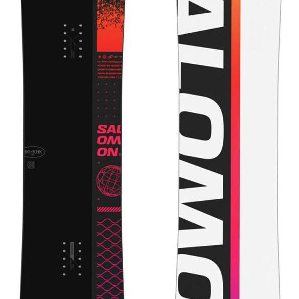 Salomon Huck Knife Pro Snowboard 2024 - A black snowboard with a yellow and red gradient design on top of it.