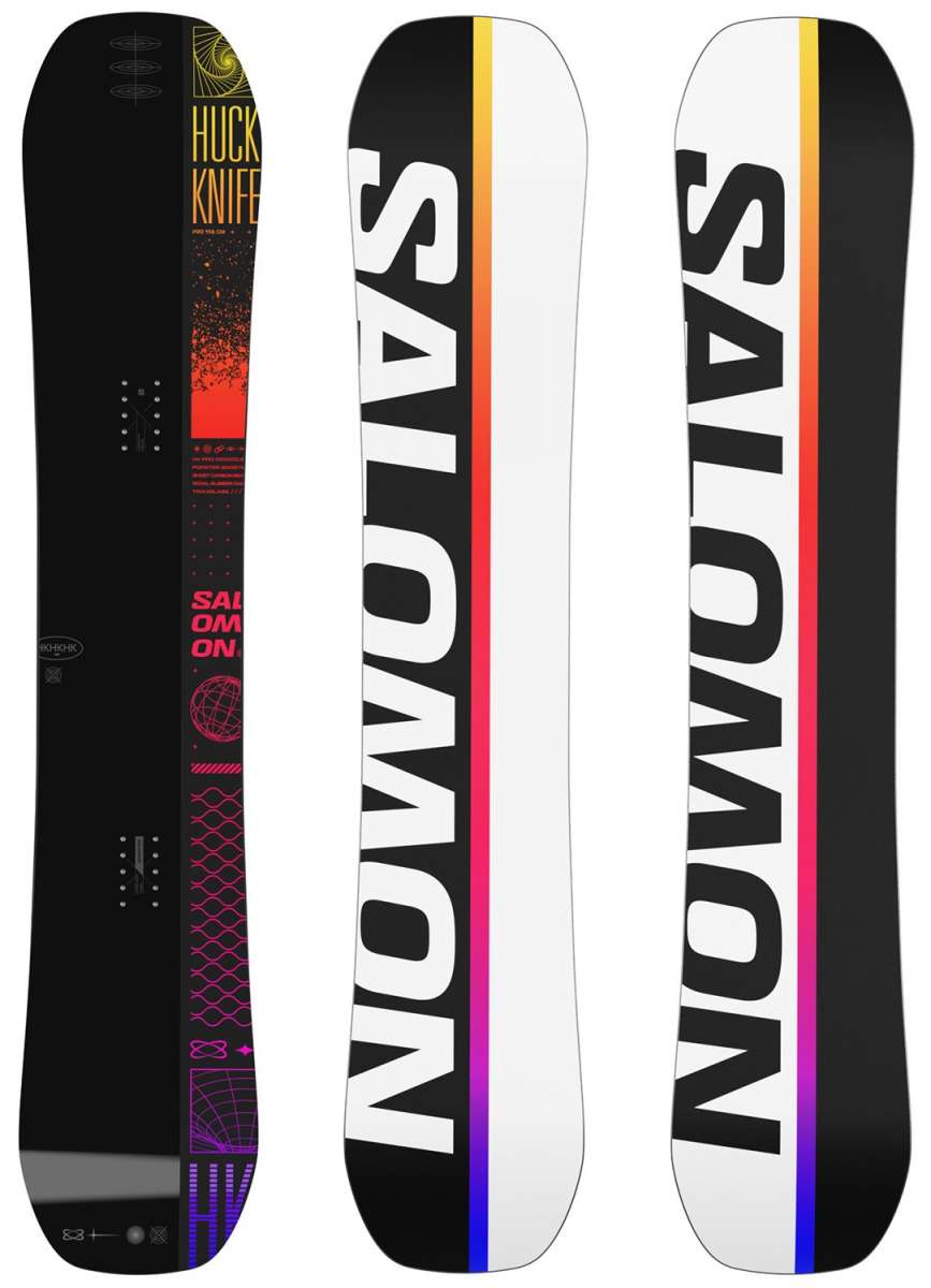 Salomon Huck Knife Pro Snowboard 2024 - A black snowboard with a red and orange gradient at the top, featuring a geometric pattern in pink and purple hues.