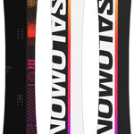 Salomon Huck Knife Pro Snowboard 2024 - A black snowboard with a red and orange gradient at the top, featuring a geometric pattern in pink and purple hues.