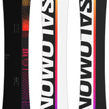 Salomon Huck Knife Pro Snowboard 2024 - A black snowboard with a red and orange gradient at the top, featuring a geometric pattern in pink and purple hues.