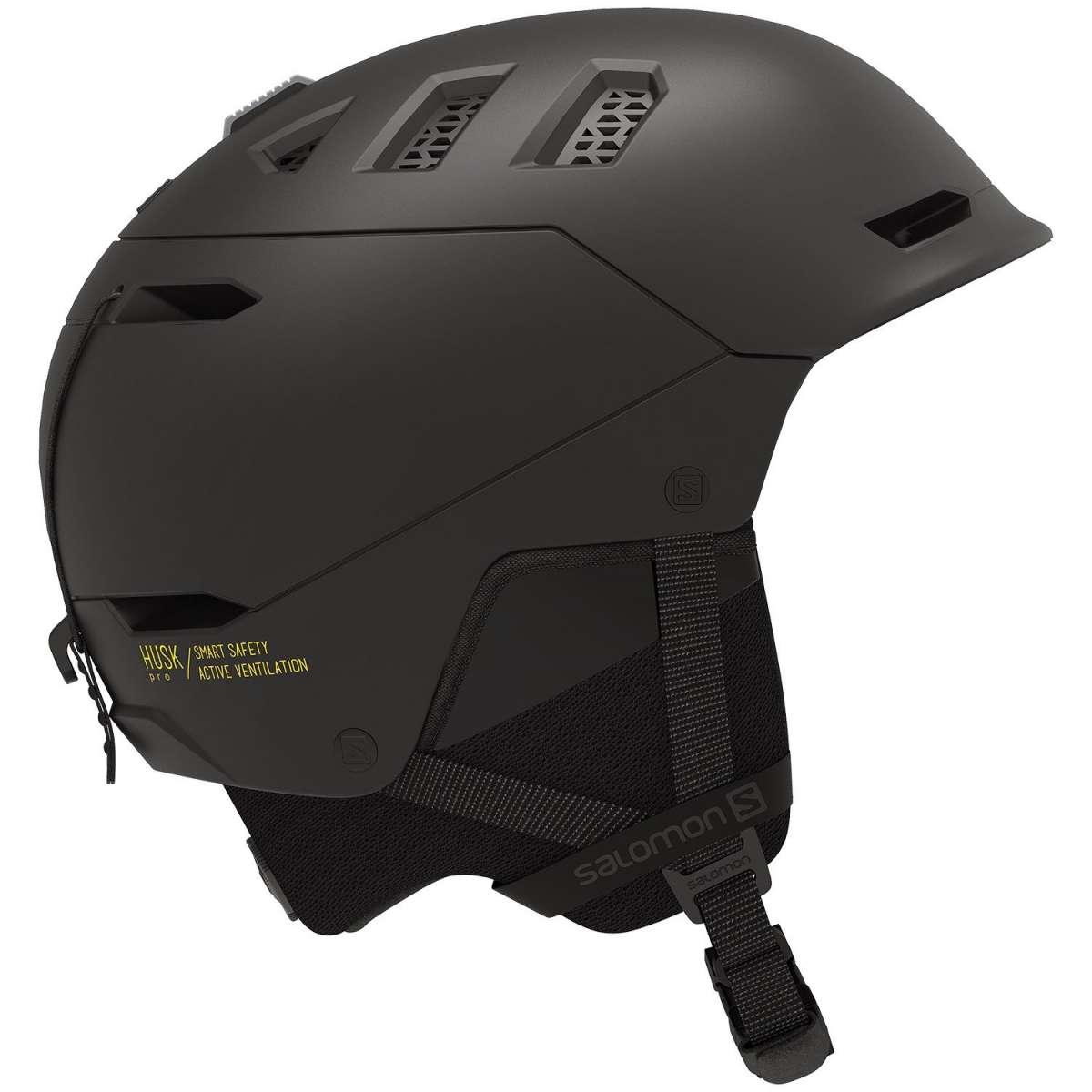 Salomon Husk Pro Helmet 2022 - Matte black helmet with ventilation grills on top and a strap at the back.