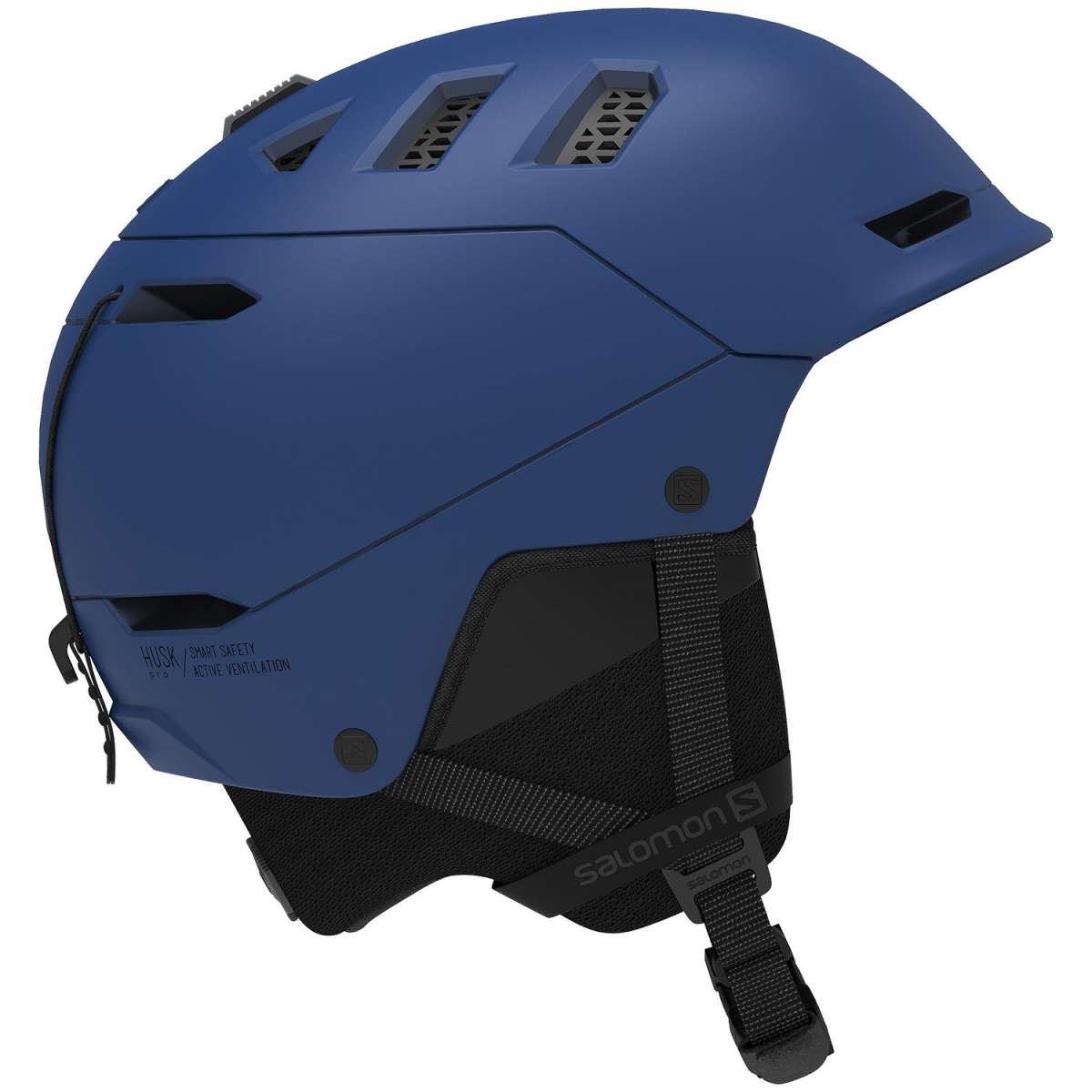Salomon Husk Pro Helmet 2022 - A matte blue helmet with a black chin strap and ventilation grills on top.