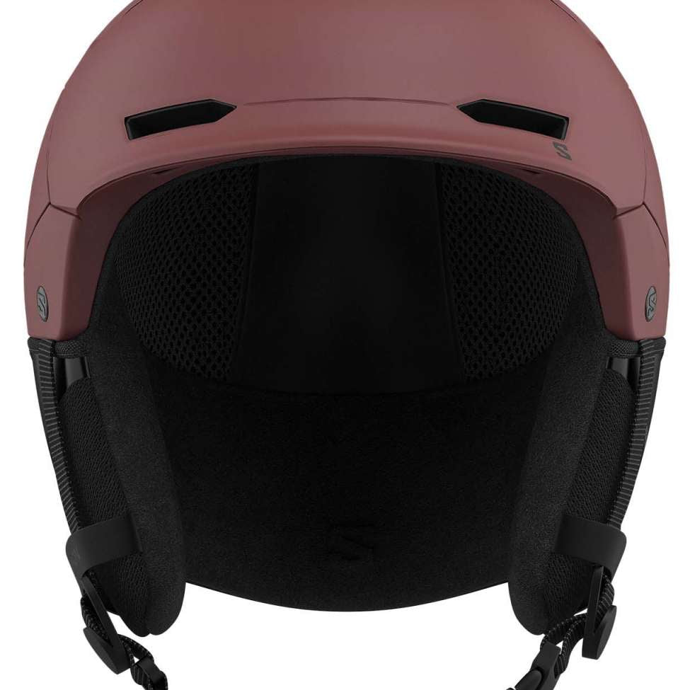 Salomon Husk Pro MIPS Helmet 2023 - A matte burgundy helmet with a black chin strap and ventilation holes on top.