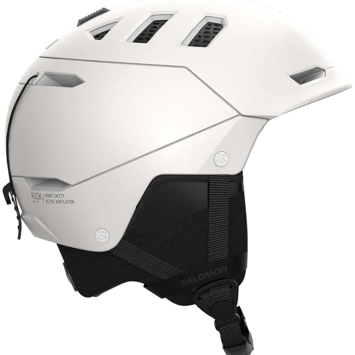 Salomon Husk Pro MIPS Helmet 2023 - A white helmet with a black chin strap and ventilation holes on top.
