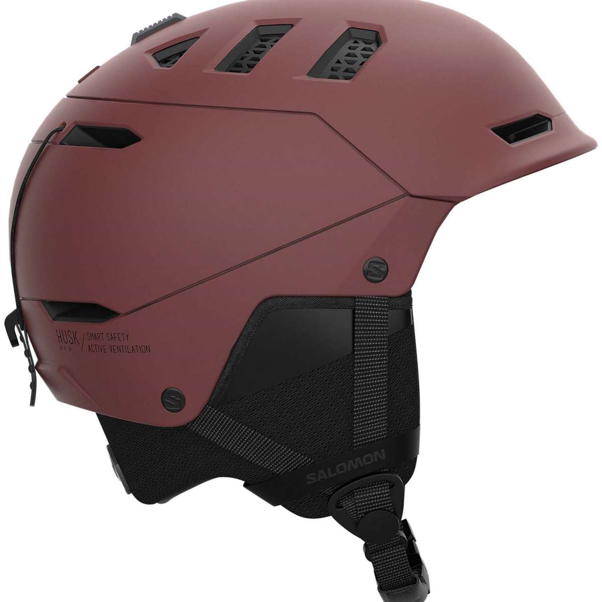 Salomon Husk Pro MIPS Helmet 2023 - A matte burgundy helmet with a black chin strap and ventilation grills on top.