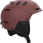 Salomon Husk Pro MIPS Helmet 2023 - A matte burgundy helmet with a black chin strap and ventilation grills on top.