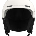 Salomon Husk Pro MIPS Helmet 2023 - A white helmet with a black visor and chin strap, featuring a sleek design with ventilation holes on top.