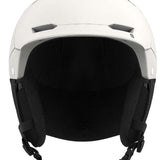 Salomon Husk Pro MIPS Helmet 2023 - A white helmet with a black visor and chin strap, featuring a sleek design with ventilation holes on top.
