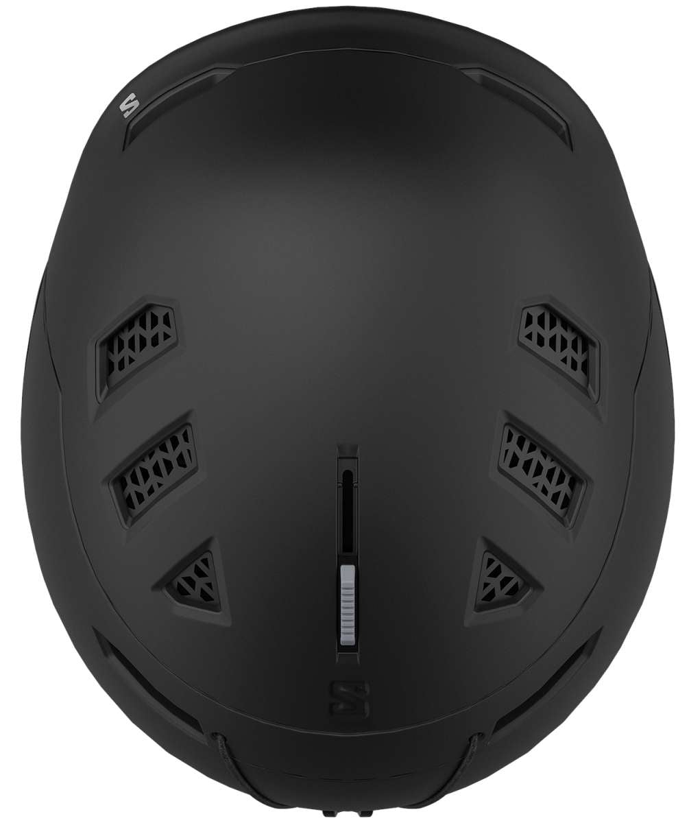 Salomon Husk Pro MIPS Helmet 2023 - A matte black helmet with a sleek, aerodynamic design and ventilation grills on top.