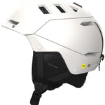 Salomon Husk Pro MIPS Helmet 2023 - A white helmet with a black visor and chin strap, featuring ventilation holes on top and a distinctive MIPS sticker on the side.