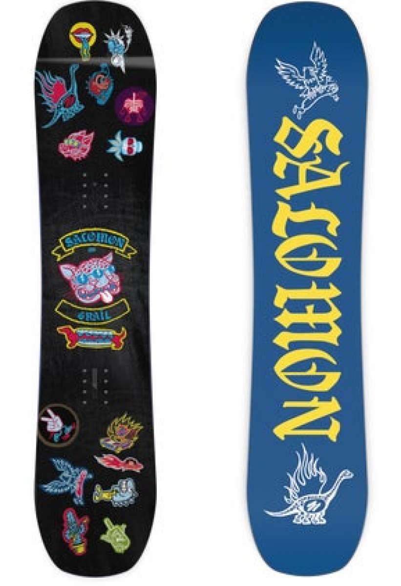Salomon Junior's Grail Snowboard 2024 - A black snowboard with a blue and red logo featuring a griffin in the center, surrounded by smaller logos on either side.
