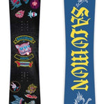 Salomon Junior's Grail Snowboard 2024 - A black snowboard with a blue and red logo featuring a griffin in the center, surrounded by smaller logos on either side.