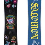 Salomon Junior's Grail Snowboard 2024 - A black snowboard with a blue and red logo featuring a griffin in the center, surrounded by smaller logos on either side.