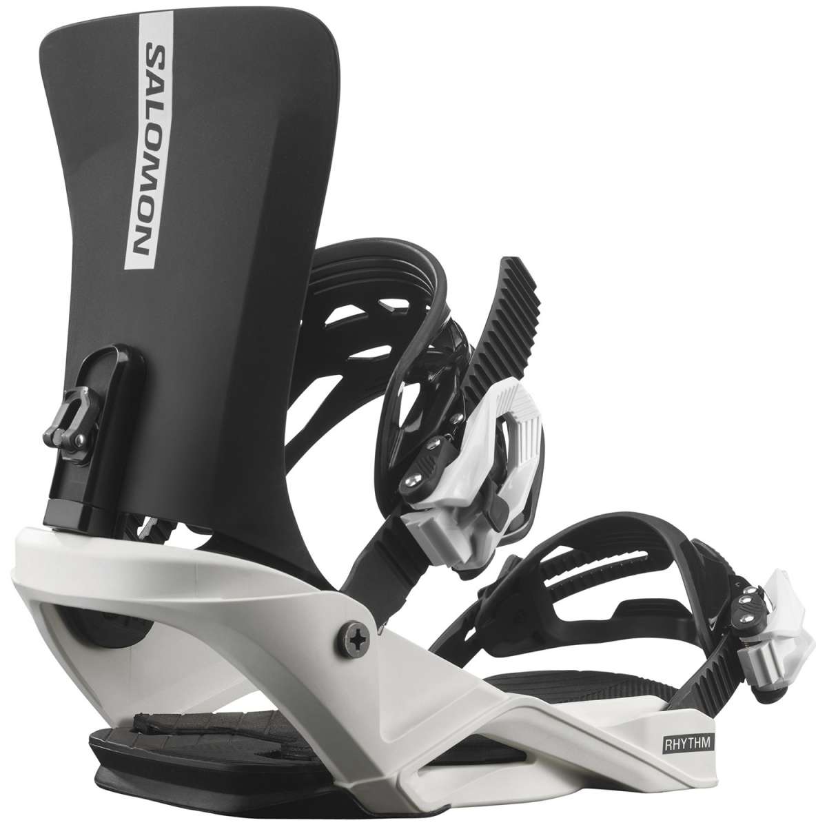 Salomon Junior's Rhythm Bindings 2024 - Black bindings with silver buckles and straps on a white background.