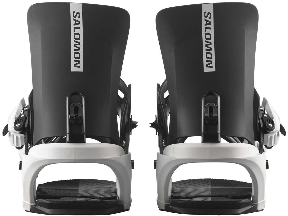 Salomon Junior's Rhythm Bindings 2024 - Black bindings with white accents and silver screws on a light gray background.
