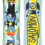 Salomon Junior's Team Snowboard Package 2024 - A snowboard with a blue and white design, featuring a cartoon character riding it.