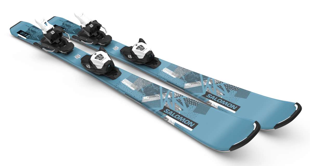 Salomon Junior's QST System Ski With L6 Ski Bindings 2024 - A pair of blue skis with white bindings and black tips, featuring a geometric pattern on the top surface.