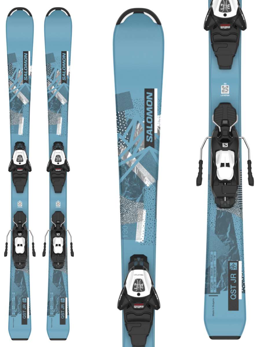 Salomon Junior's QST System Ski With L6 Ski Bindings 2024 - A blue ski with a geometric pattern and black bindings.