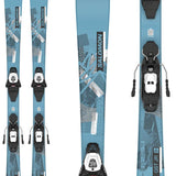 Salomon Junior's QST System Ski With L6 Ski Bindings 2024 - A blue ski with a geometric pattern and black bindings.