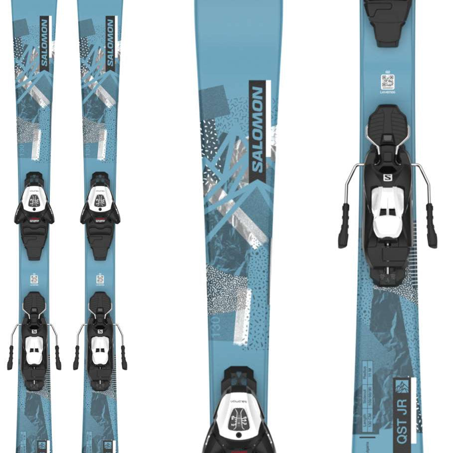 Salomon Junior's QST System Ski With L6 Ski Bindings 2024 - A blue ski with a geometric pattern and black bindings.