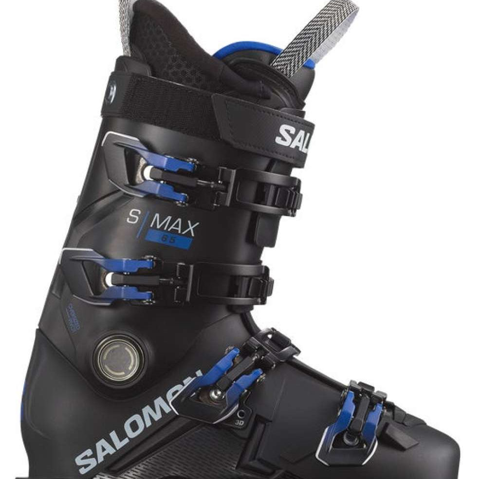 Salomon Junior's S/Max 65 Ski Boots 2024 - Black ski boots with blue accents and white lettering.