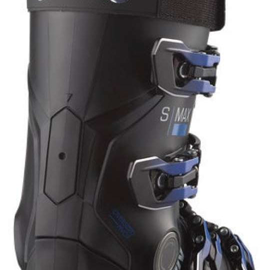 Salomon Junior's S/Max 65 Ski Boots 2024 - Black ski boots with a blue logo on the side and silver buckles.
