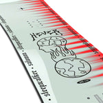 Salomon Junior's Sleepwalker Grom Snowboard 2024 - A white snowboard with a black and red graphic of a wolf howling at the moon on top, and a black and red graphic of a wolf running through trees on the bottom.