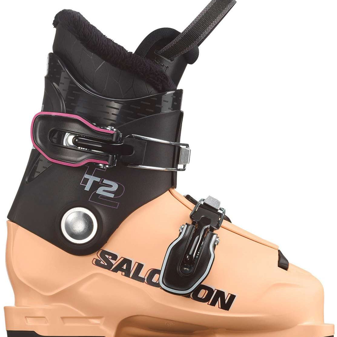 Salomon Junior's T2 RT Ski Boots - A pair of black ski boots with silver lettering and a pink outline around the "T2" logo.
