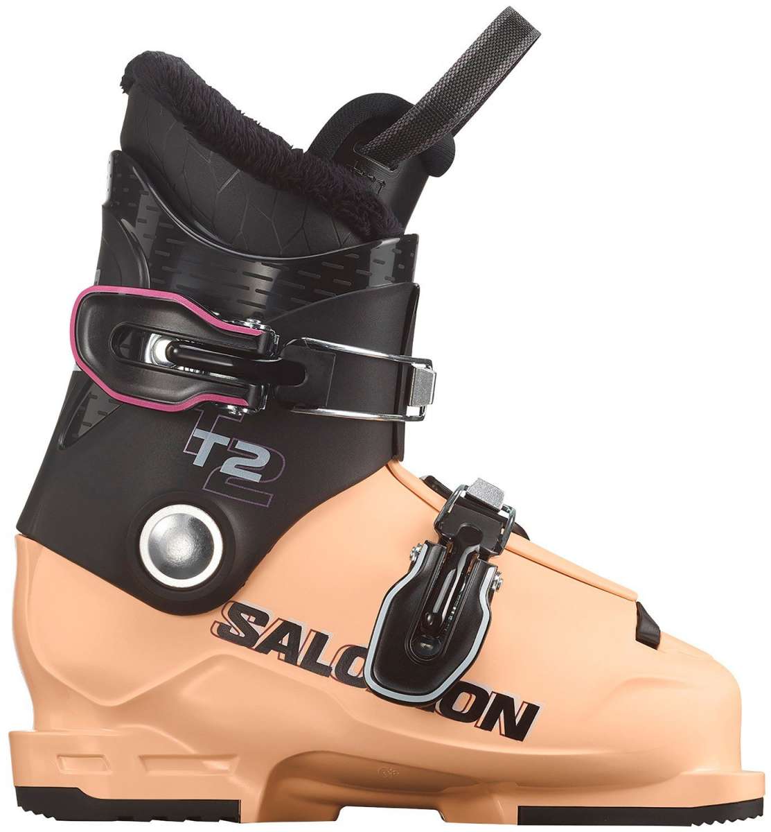 Salomon Junior's T2 RT Ski Boots - A pair of black ski boots with silver lettering and a pink outline around the "T2" logo.