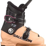 Salomon Junior's T2 RT Ski Boots - A pair of black ski boots with silver lettering and a pink outline around the "T2" logo.