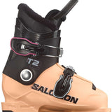 Salomon Junior's T2 RT Ski Boots - A pair of black ski boots with silver lettering and a pink outline around the "T2" logo.