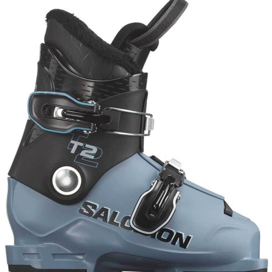 Salomon Junior's T2 RT Ski Boots 2026 - A pair of black ski boots with a blue logo and white lettering on the side.