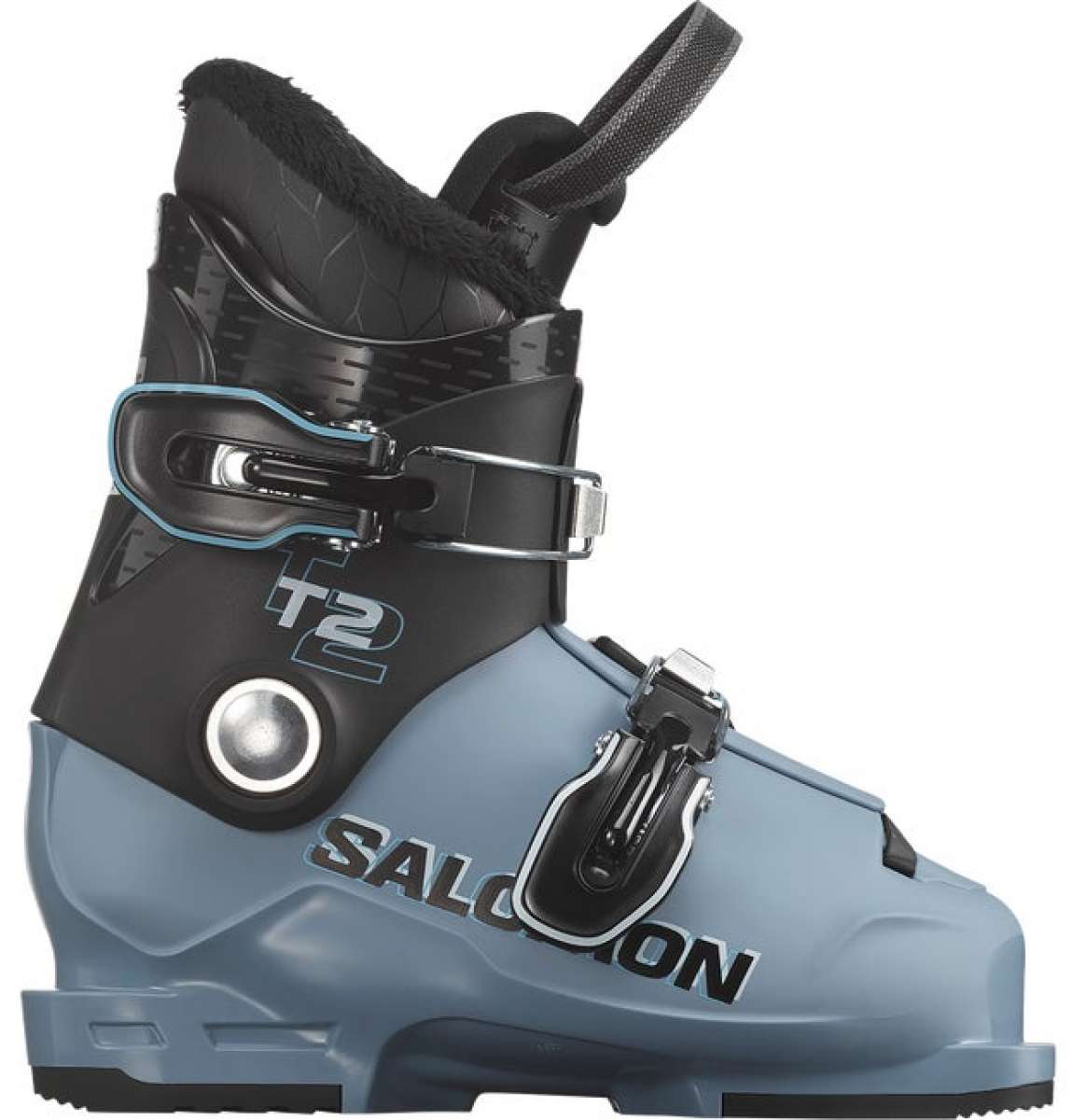 Salomon Junior's T2 RT Ski Boots 2026 - A pair of black ski boots with a blue logo and white lettering on the side.