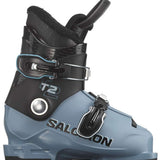 Salomon Junior's T2 RT Ski Boots 2026 - A pair of black ski boots with a blue logo and white lettering on the side.