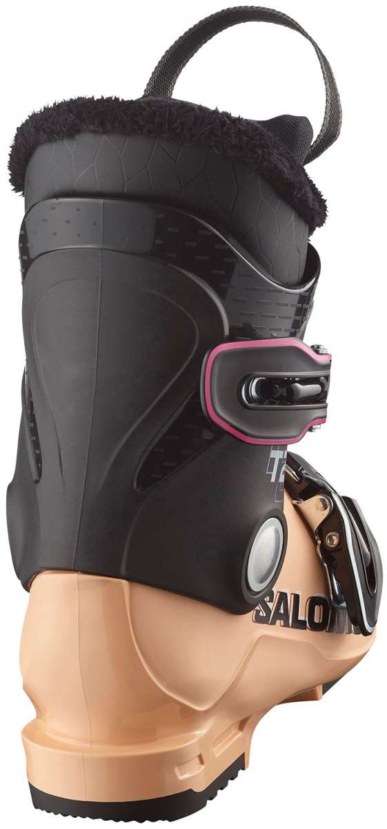 Salomon Junior's T2 RT Ski Boots 2026 - Black ski boots with a textured pattern on the side and pink accents around the ankle strap.
