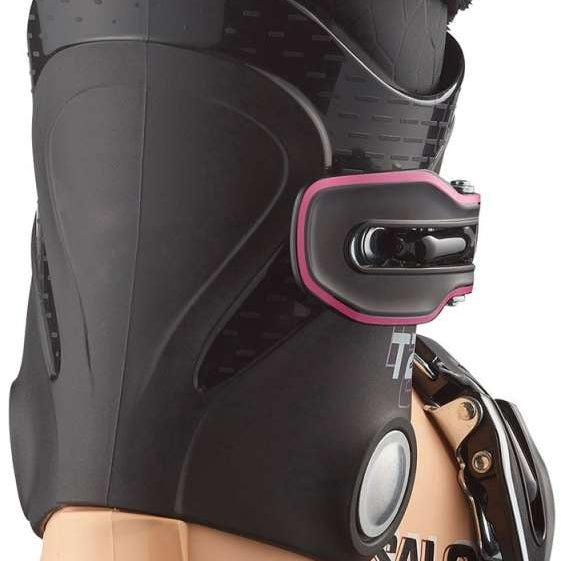 Salomon Junior's T2 RT Ski Boots 2026 - Black ski boots with a textured pattern on the side and pink accents around the ankle strap.