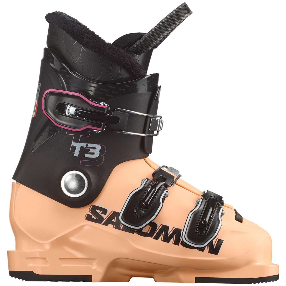 Salomon Junior's T3 RT Ski Boots 2024 - Black ski boots with silver buckles and straps, featuring a textured pattern on the side.