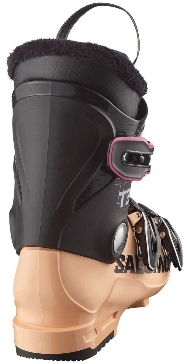 Salomon Junior's T3 RT Ski Boots 2024 - Black ski boots with a textured pattern on the side and silver buckles.