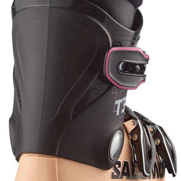 Salomon Junior's T3 RT Ski Boots 2024 - Black ski boots with a textured pattern on the side and silver buckles.