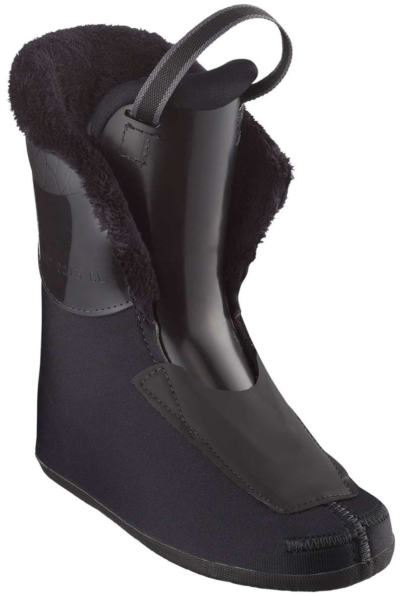 Salomon Junior's T3 RT Ski Boots 2024 - Black ski boots with a shiny, reflective material on the toe and heel areas.