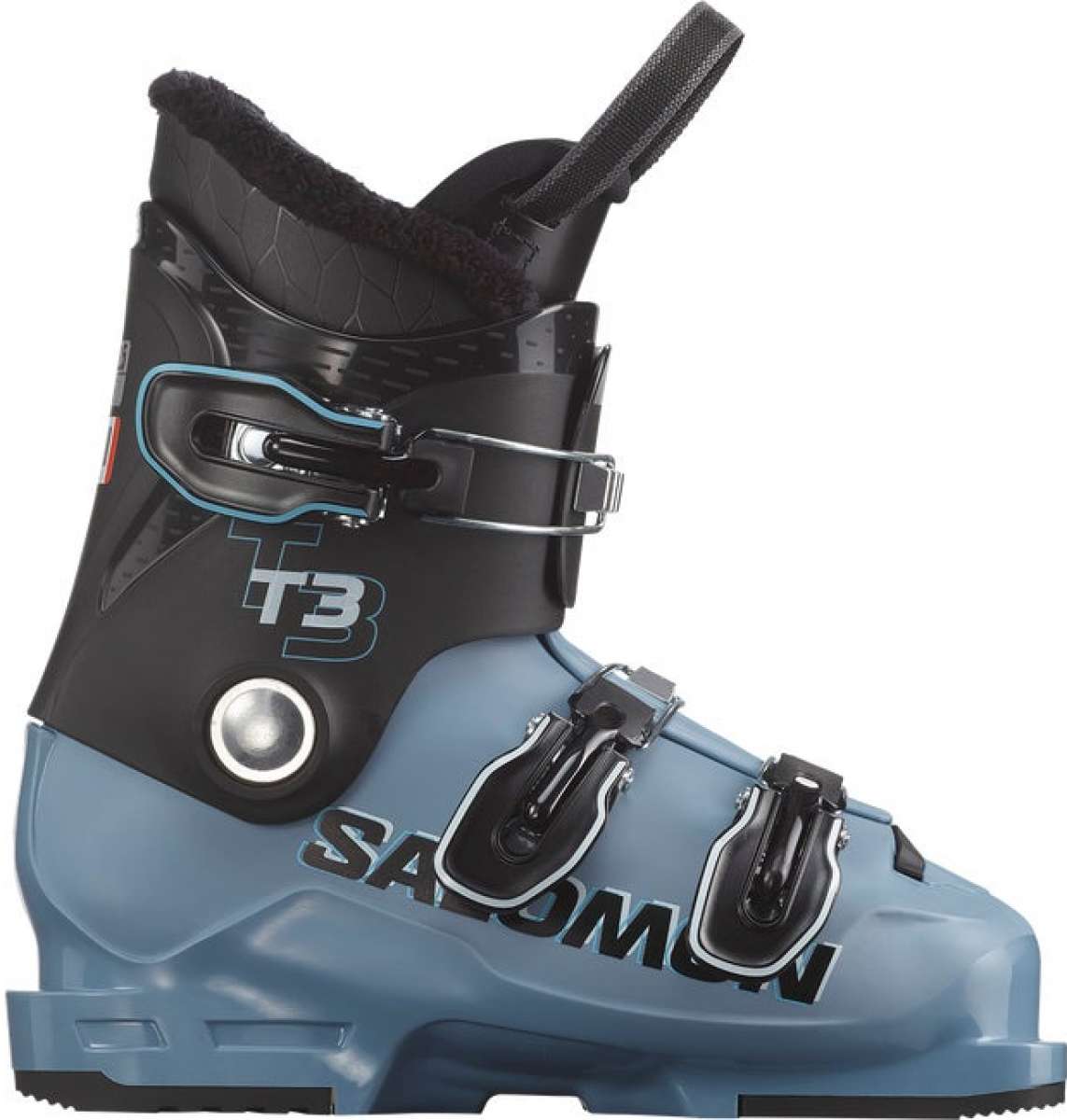 Salomon Junior's T3 RT Ski Boots 2024 - Black ski boots with a textured pattern on the side and silver buckles.