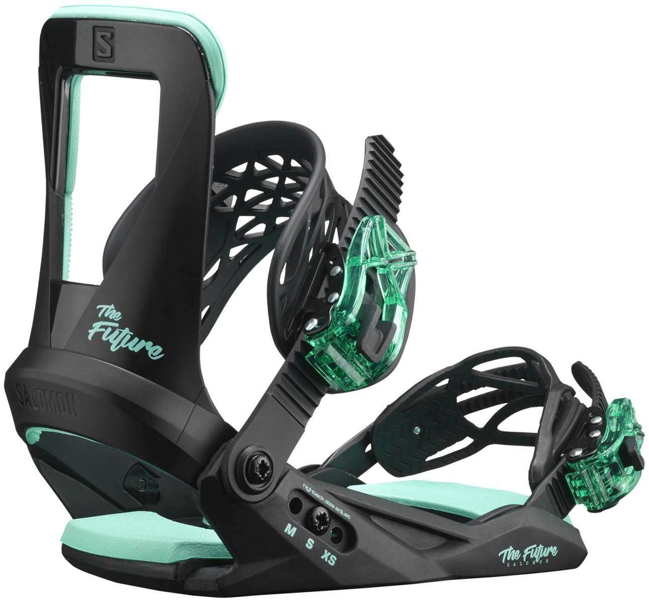 Salomon Junior's The Future Snowboard Binding 2023 - Black snowboard bindings with mint green accents and straps.