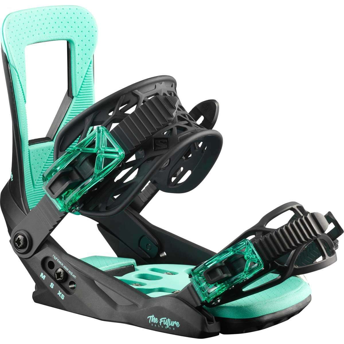 Salomon Junior's The Future Snowboard Binding 2023 - A black and teal snowboard binding with a geometric pattern on the straps.