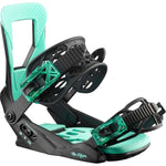 Salomon Junior's The Future Snowboard Binding 2023 - A black and teal snowboard binding with a geometric pattern on the straps.