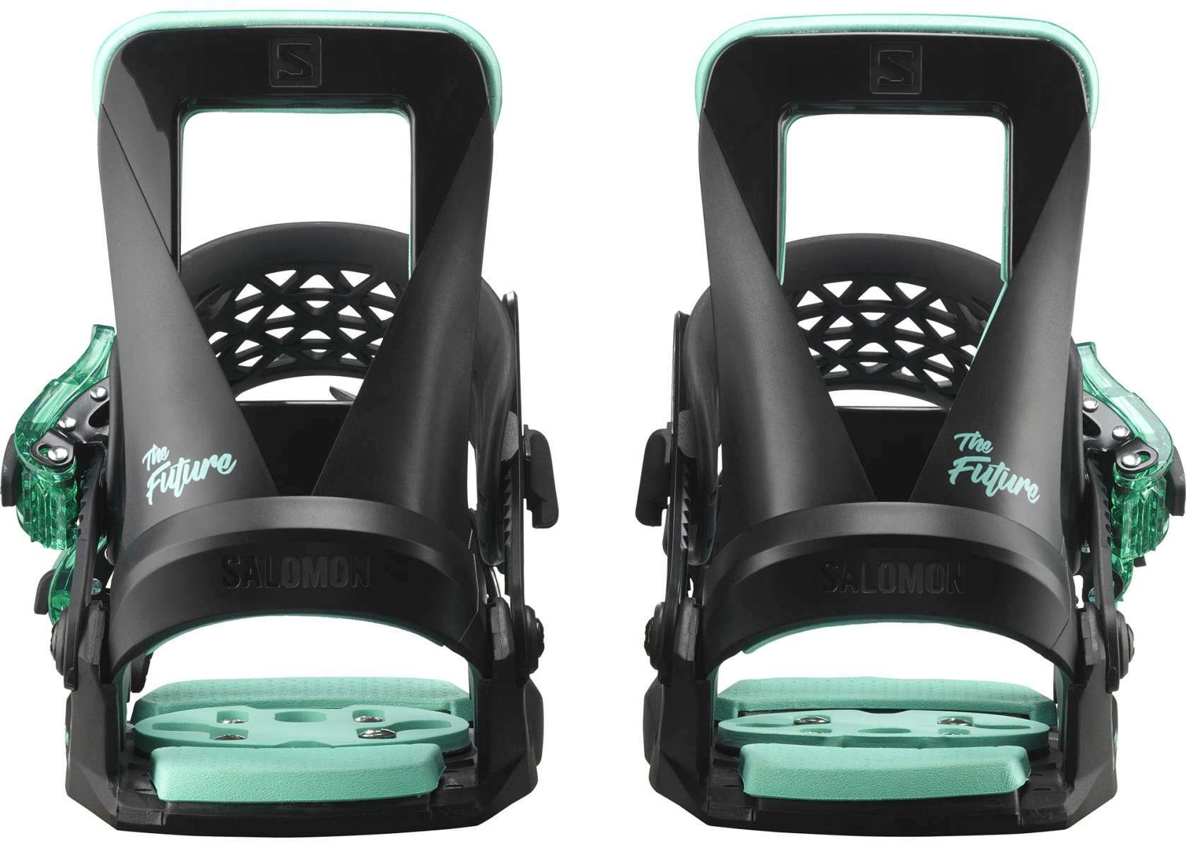 Salomon Junior's The Future Snowboard Binding 2023 - A black snowboard binding with a mint green logo and accents on the straps.