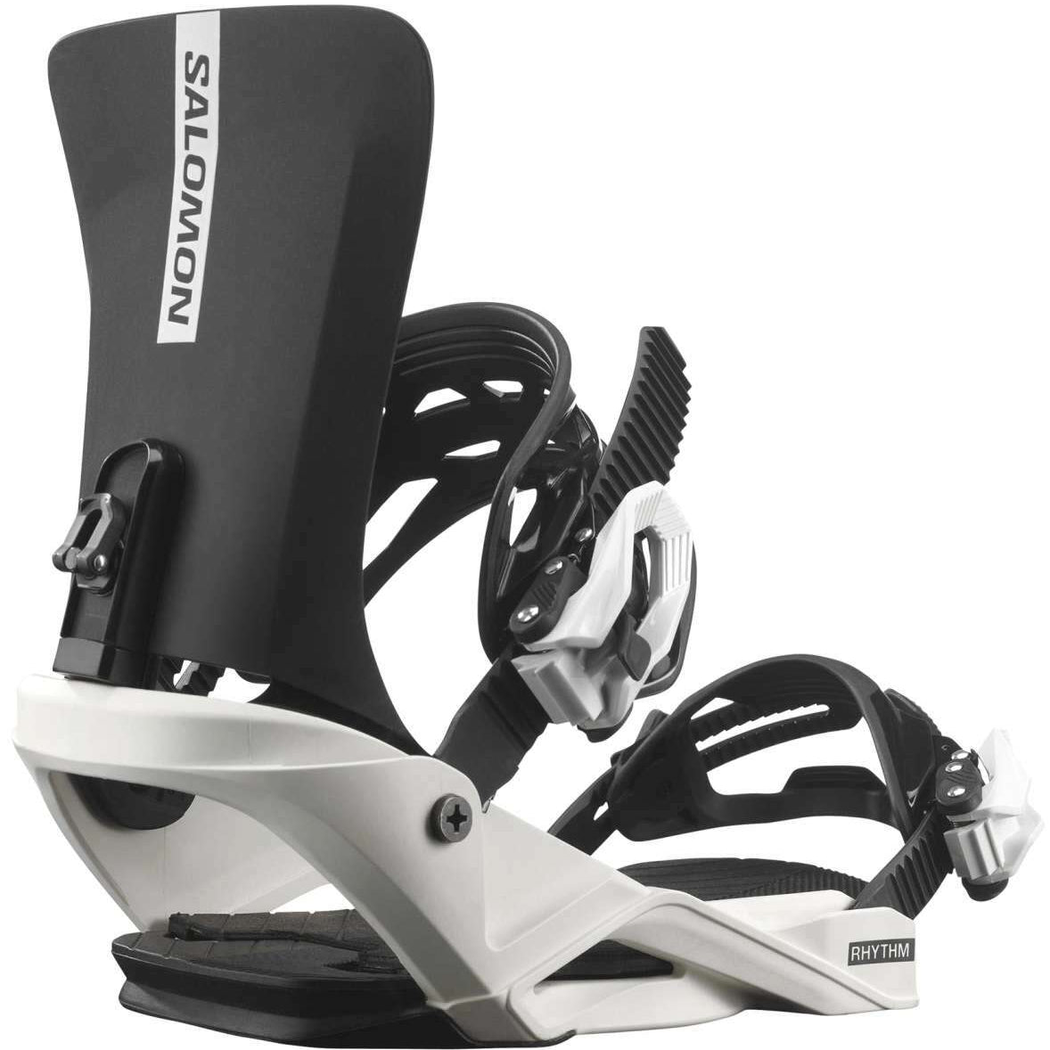 Salomon Juniors Rhythm Snowboard Binding 2023 - A black and white snowboard binding with a rectangular logo on the top strap that reads "SALOMON" in gray letters.