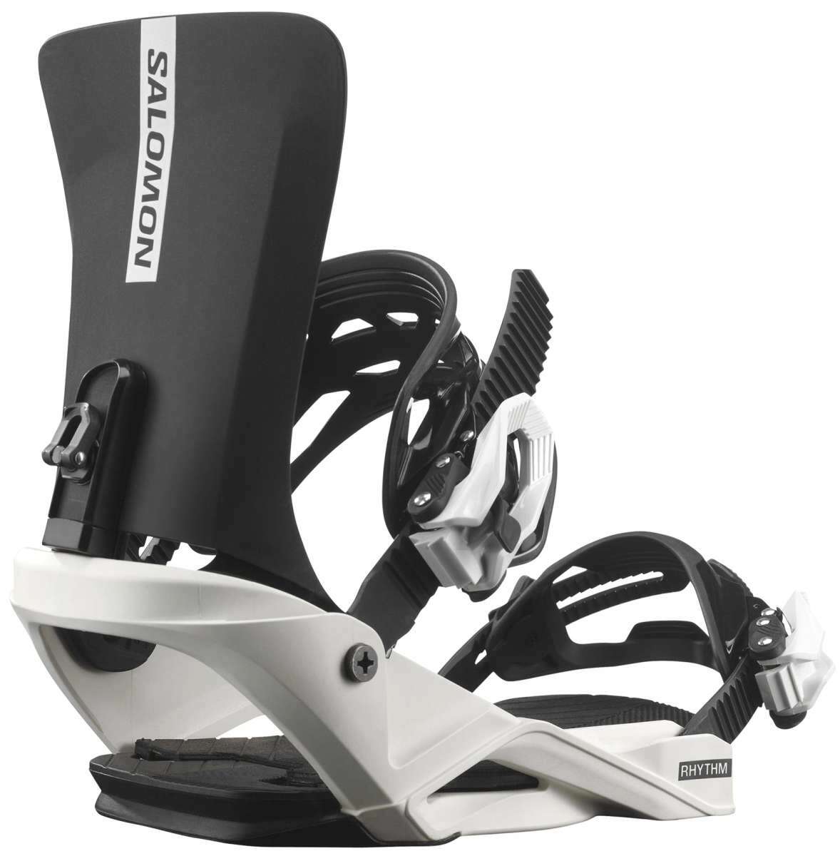 Salomon Juniors Rhythm Snowboard Binding 2023 - A black and white snowboard binding with a rectangular logo on the top strap that reads "SALOMON" in gray letters.