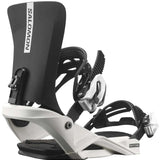 Salomon Juniors Rhythm Snowboard Binding 2023 - A black and white snowboard binding with a rectangular logo on the top strap that reads "SALOMON" in gray letters.